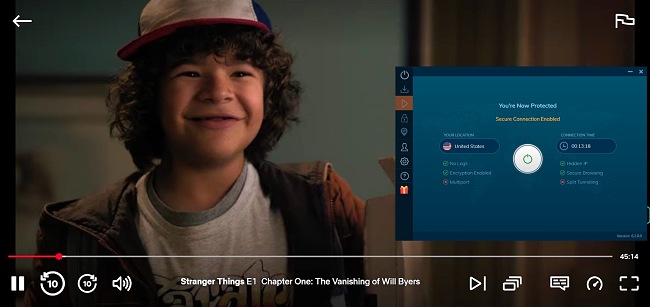 Screenshot of Netflix streaming Stranger Things, with Ivacy VPN connected to a US server.