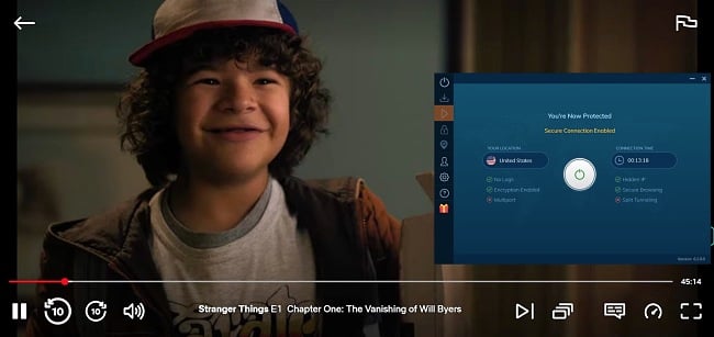 Screenshot of Netflix streaming Stranger Things, with Ivacy VPN connected to a US server.