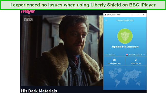 screenshot of Liberty Shield VPN unblocking BBC iPlayer