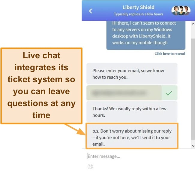 Screenshot of Liberty Shield's live sales chat window