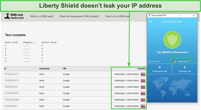Screenshot of DNS leak test results showing no leaks when connected to Liberty Shield