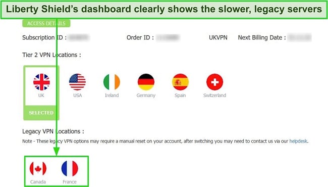 Screenshot of the Liberty Shield Dashboard that indicates which servers belong to its legacy network