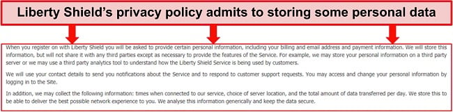 Screenshot of Liberty Shield's privacy policy stating that your personal data can be stored in a third party server