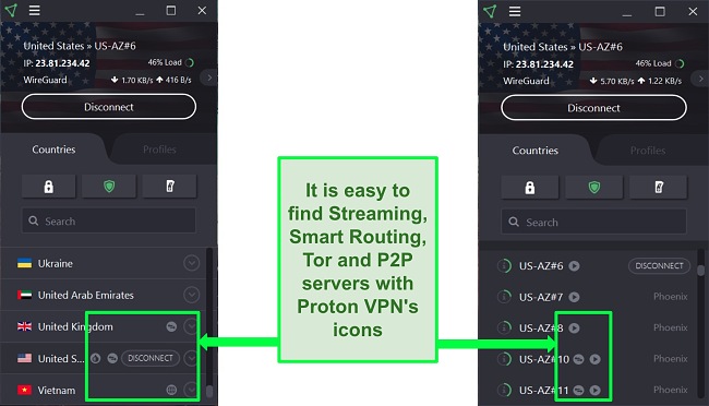 Screenshot showing the various icons that are displayed next to some Proton VPN servers