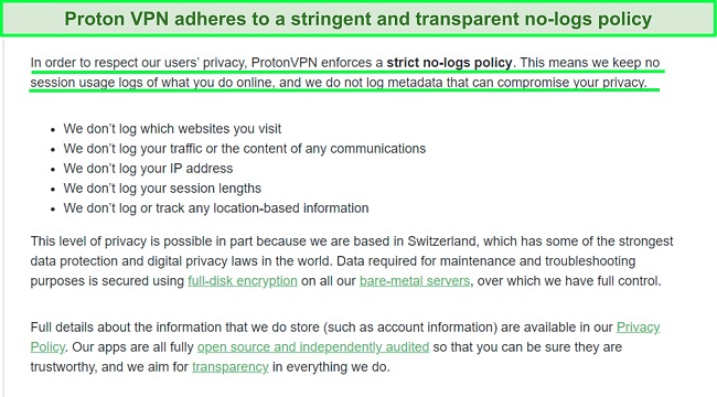 Screenshot of a privacy statement from Proton VPN on its logging practices