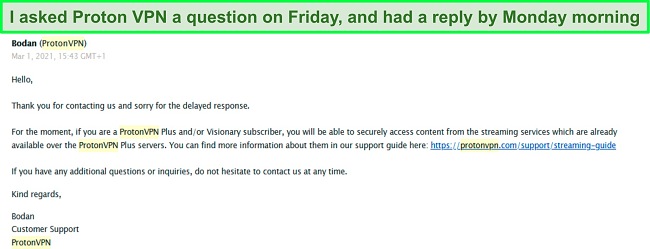 Screenshot of my email exchange with customer support at Proton VPN