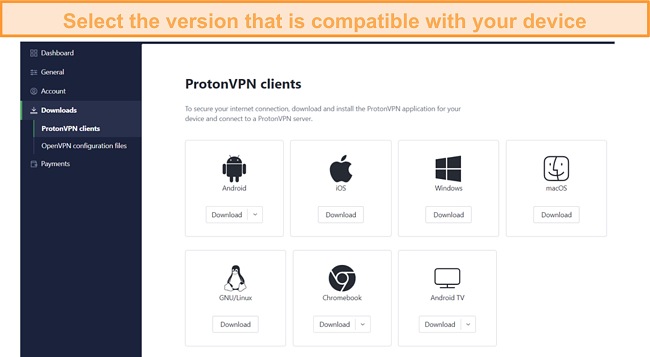 Screenshot of Proton VPN's download page for compatible devices