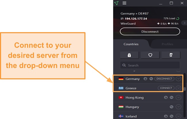 Screenshot showing the Proton VPN connection screen after selecting a server from the list