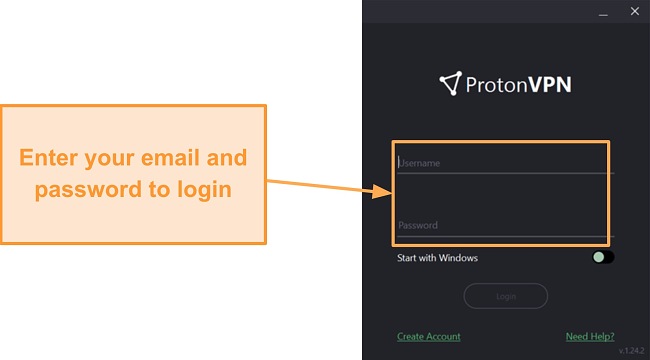 Screenshot of the Proton VPN login page