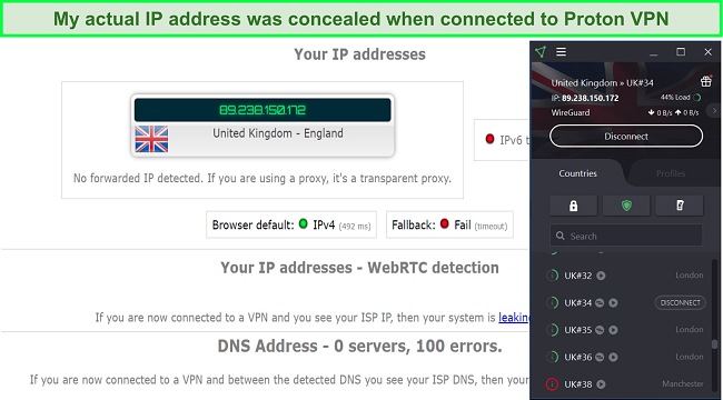 Screenshot of my IP leak test result with Proton VPN connected
