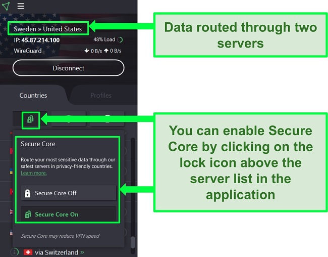 Screenshot of my connection interface while connected to the Secure Core network of Proton VPN