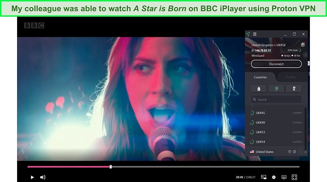Screenshot of Proton VPN unblocking BBC iPlayer