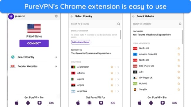 Screenshot of PureVPN's Chrome extension