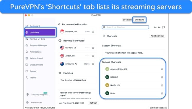 Screenshot of PureVPN's Shortcuts or streaming servers