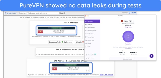 Screenshot of PureVPN's leak test result showing no leaks