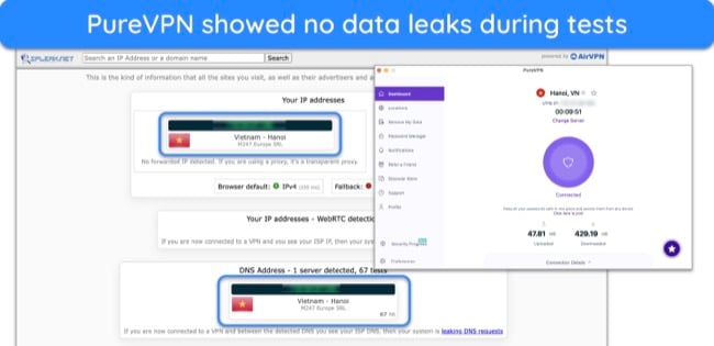 Screenshot of PureVPN's leak test result showing no leaks