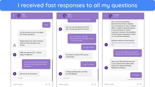 Screenshot of multiple conversations with PureVPN's support team via live chat