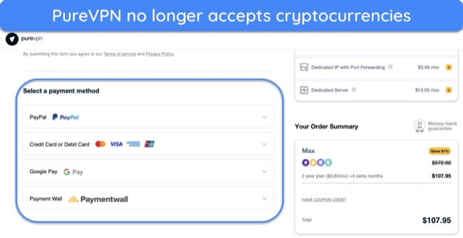 Screenshot of PureVPN's payment page and it's missing cryptocurrency payment option