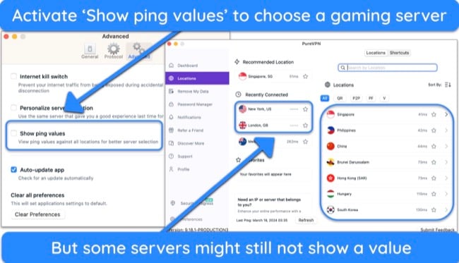 Screenshot of PureVPN's ping values settings