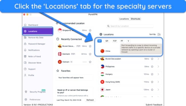 PureVPN's specialty servers in the Locations tab