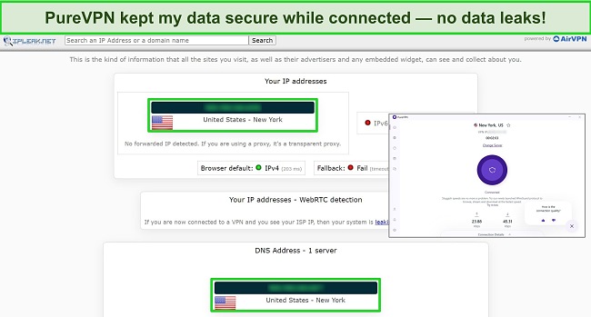 Screenshot of a leak test from IPLeak.net showing no data leaks, with PureVPN connected to a US server.