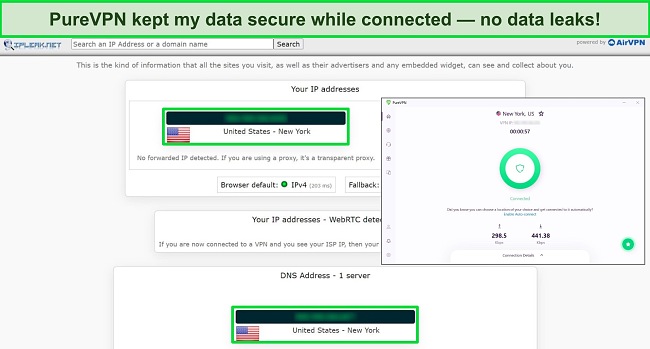 Screenshot of a leak test from IPLeak.net showing no data leaks, with PureVPN connected to a US server.