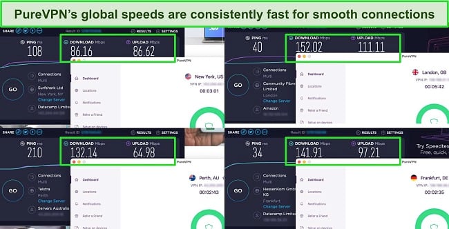 Screenshots of Ookla speed test results with PureVPN connected to servers in the US, UK, Australia, and Germany.