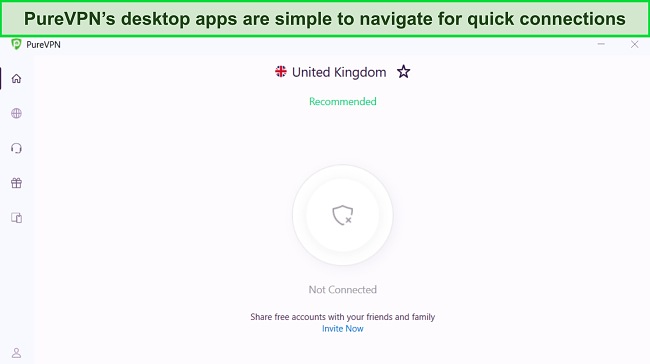 Screenshot of PureVPN's Windows app showing its clean and simple interface.