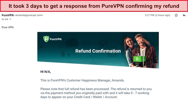Screenshot of email response from PureVPN's billing team confirming a refund request.