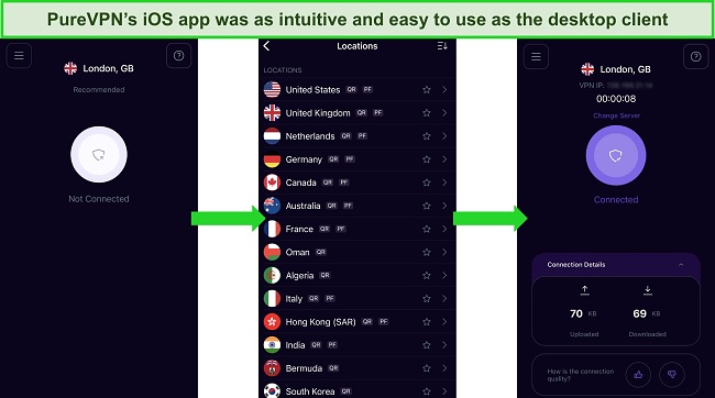 Images of PureVPN's iOS apps showing the interface and ease of connecting to a server.