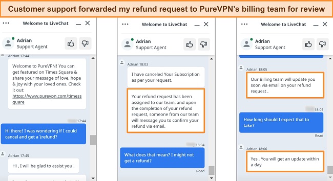 Screenshots of PureVPN's customer service responding to a refund request and forwarding the request to the billing team.