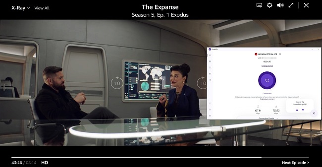 The Expanse playing on Amazon Prime Video while PureVPN is connected to a server in the US