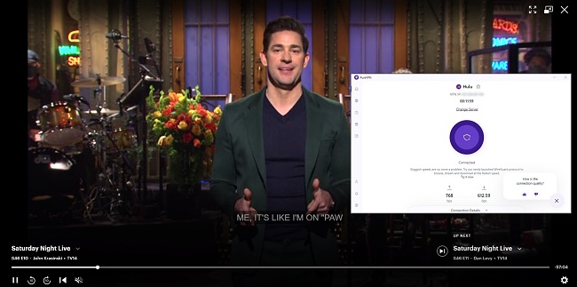 Saturday Night Live playing on Hulu while PureVPN is connected to a server in the US