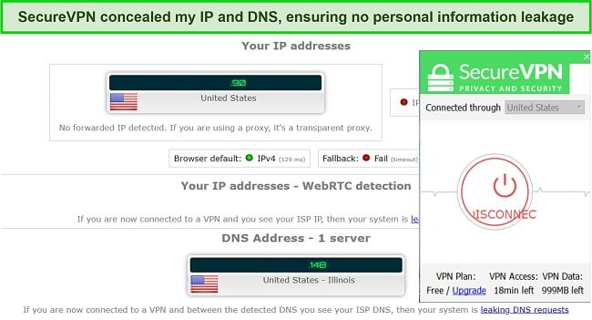 Capture d'écran des résultats des tests de fuite tout en utilisant SecureVPN