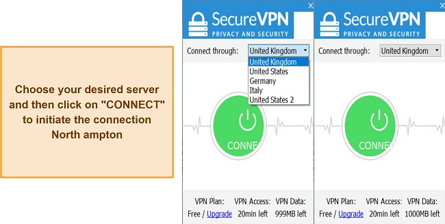 Screenshot of SecureVPN’s server and connection interface