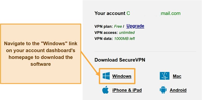 Screenshot of SecureVPN’s application download page