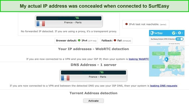 Screenshot of leak test results while using SurfEasy VPN