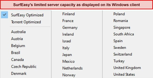 Screenshot of server locations available on SurfEasy VPN