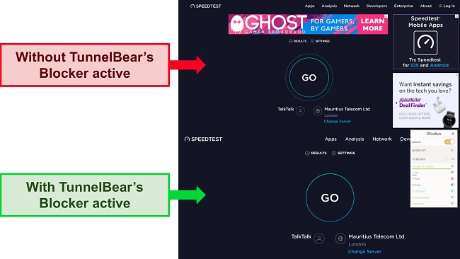 Screenshots of Ookla speed test website, showing the ads displayed when TunnelBear's Blocker is off and the lack of ads when the Blocker is active.