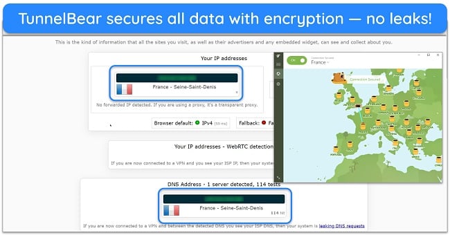 Screenshot of TunnelBear's Windows app connected to a French server, with the results of an ip leak test showing zero data leaks