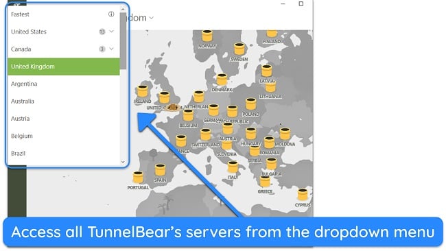 Screenshot of TunnelBear's Windows app showing how to access all servers by the dropdown menu