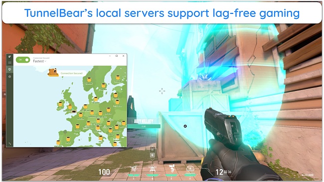 Screenshot of Valorant online gaming with TunnelBear connected to a UK server