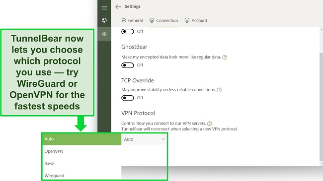 Screenshot of TunnelBear's Windows app, showing how to choose which protocol you want for your connections.