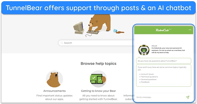 Screenshot of TunnelBear's list of help topics, a search bar for queries, and access to a support chatbot
