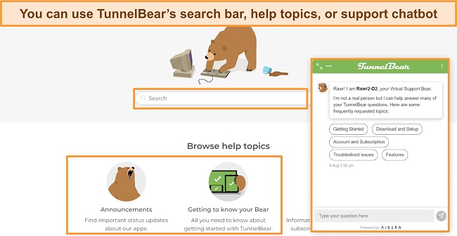 TunnelBear’s support site has multiple ways to find answers and get help