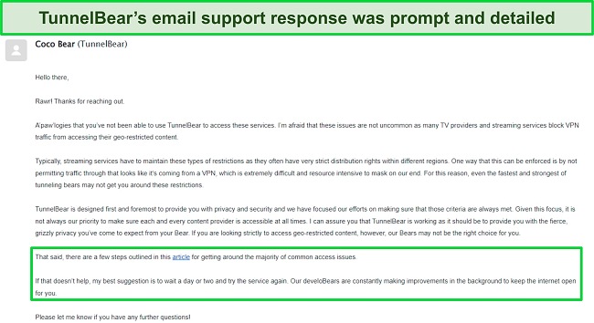Screenshot of an email response from TunnelBear's customer support.