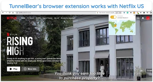 Screenshot of TunnelBear's Chrome browser extension with Netflix shown in the browser window