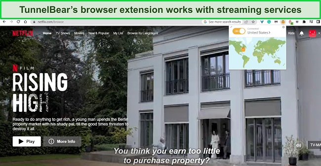 Screenshot of TunnelBear's Chome browser extension with Netflix shown in the browser window.