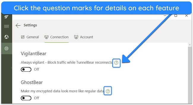 Screenshot of TunnelBear's Windows app highlighting the ? symbols next to features that are a link to an explanatory article