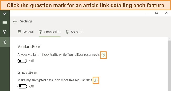 Screenshot of TunnelBear's Windows app highlighting the ? symbols next to features that are a link to an explanatory article.